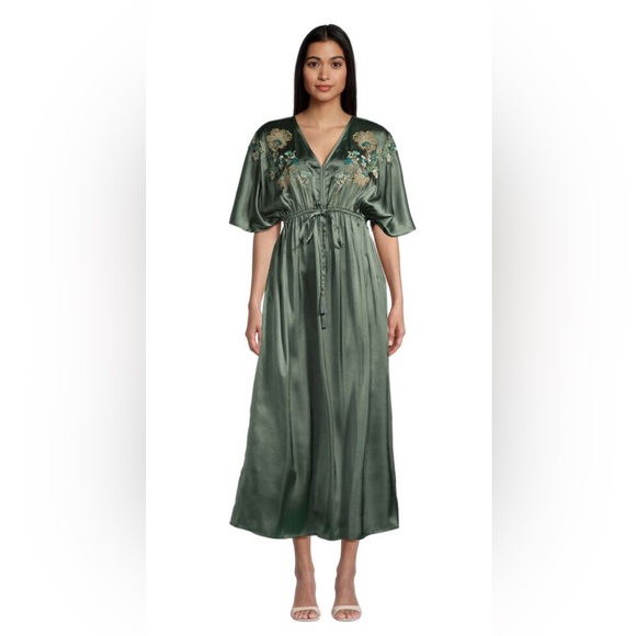 Cost Plus World Market Dresses & Skirts - World Market NWT Mira Laurel Green Satin Floral Embroidered Kaftan Dress L/XL